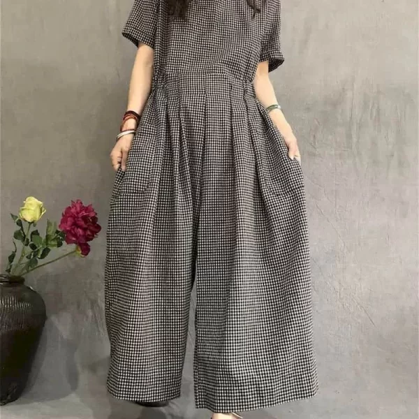 Macacão de linho de algodão feminino, de manga curta, roupa única com renda, cintura alta, calça de perna larga. - Image 5