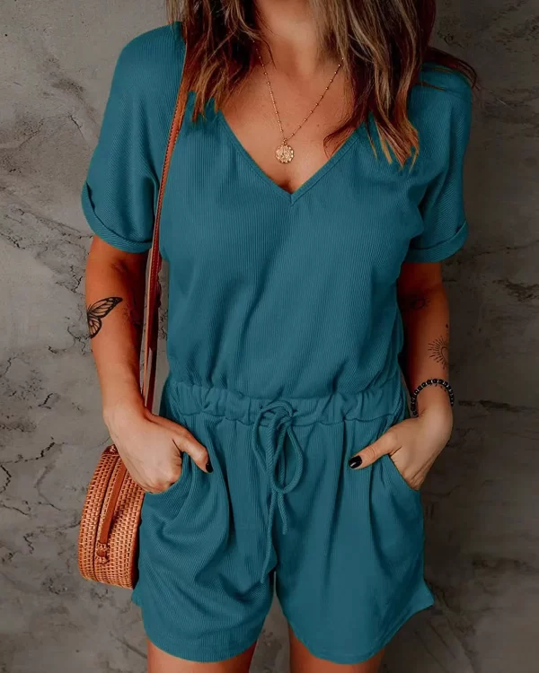 Macacão com bolsos feminino, com bolsos, decote em v, manga curta, shorts casuais, calça jogger, verão. - Image 9