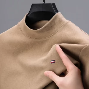 Camiseta de veludo alemão manga longa masculina, com gola simulada, bordada, High End, Luxo, moda casual, fundo quente, negócio.
