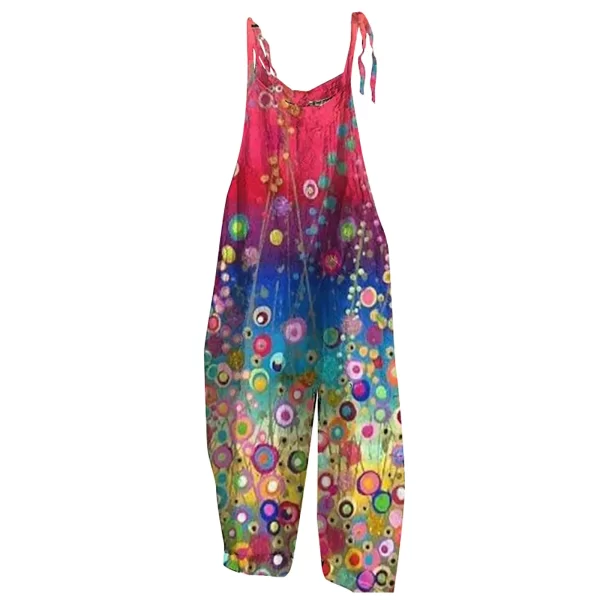 Macacão feminino sem mangas , estampa casual solta,  de cinta retrô, harem, uso geral, verão. - Image 5