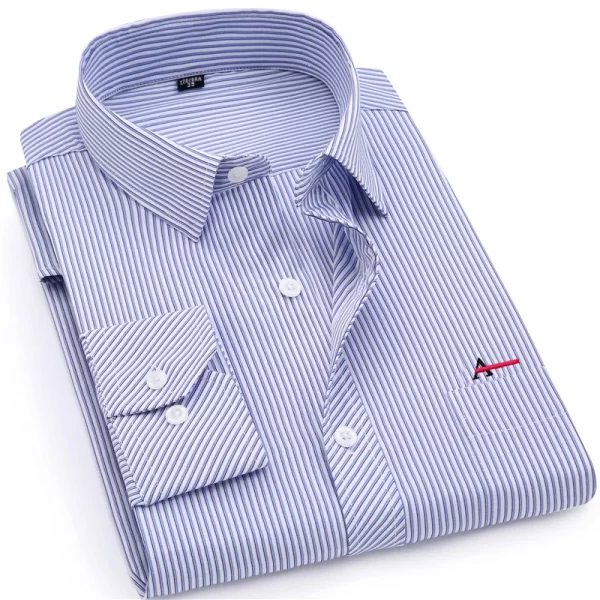 Camisa masculina listrada manga longa, Roupa de marca, Slim Fit, Bolso, Casual, Verão. - Image 8