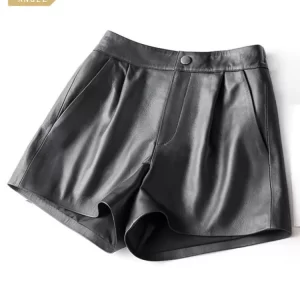 Shorts feminino de couro genuíno, pele de carneiro, cintura alta, perna larga, elástico, casual, preto, moda primavera