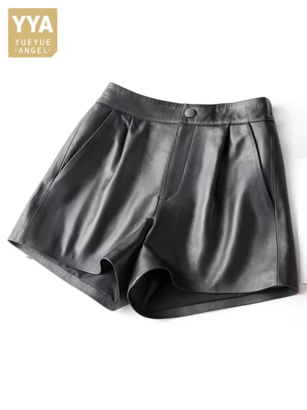 Shorts feminino de couro genuíno, pele de carneiro, cintura alta, perna larga, elástico, casual, preto, moda primavera