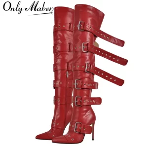 Botas vermelhas sobre o joelho unissex, lgbtqia+, botas agulha alta para coxa, dedo apontado, alça de fivela, salto alto fino, zíper.