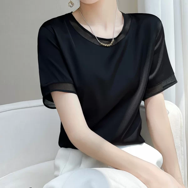 Camiseta manga curta feminina, verão nova, em torno do pescoço pulôver moda malha de cetim na altura do joelho saia cor sólida fina. - Image 4
