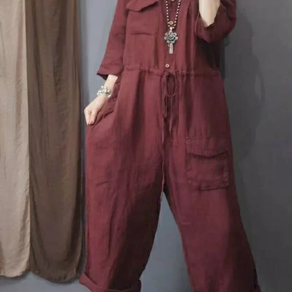 Macacão de linho de algodão grande feminino, de manga comprida, roupa única, calça de cintura alta, roupas. - Image 4