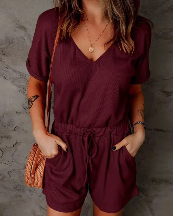 Macacão com bolsos feminino, com bolsos, decote em v, manga curta, shorts casuais, calça jogger, verão. - Image 7