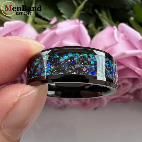 Anel unissex, Menband-de casamento, de carboneto de tungstênio preto, 8mm, com série galaxy, incrustação opala, polido, moda, conforto - Image 2