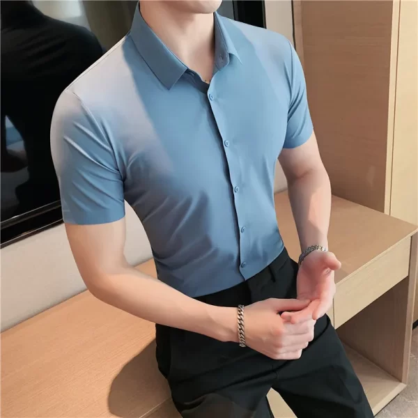 Camisa masculina, manga curta,  casual, alta elasticidade, sem costura, luxo, negócio, vestido formal, social, alta qualidade - Image 4