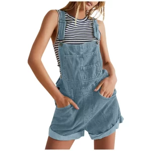 Macacão jeans curto vintage de Jeans feminino, pernas largas, monocromático, personalidade, corpo.