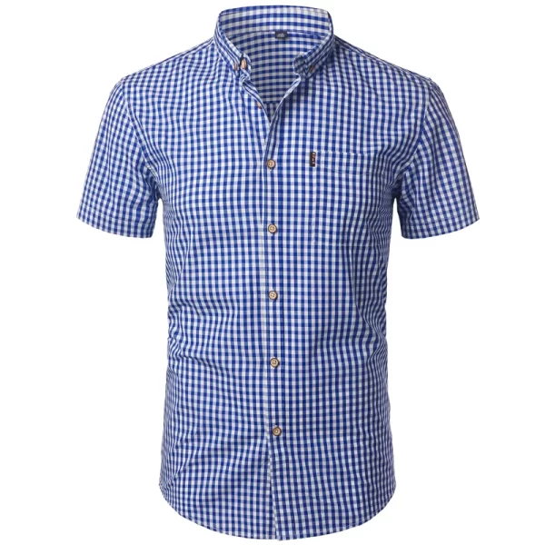 Camisa masculina, manga curta,  xadrez pequenas vermelhas, de algodão, com botão, casual, verão. - Image 9