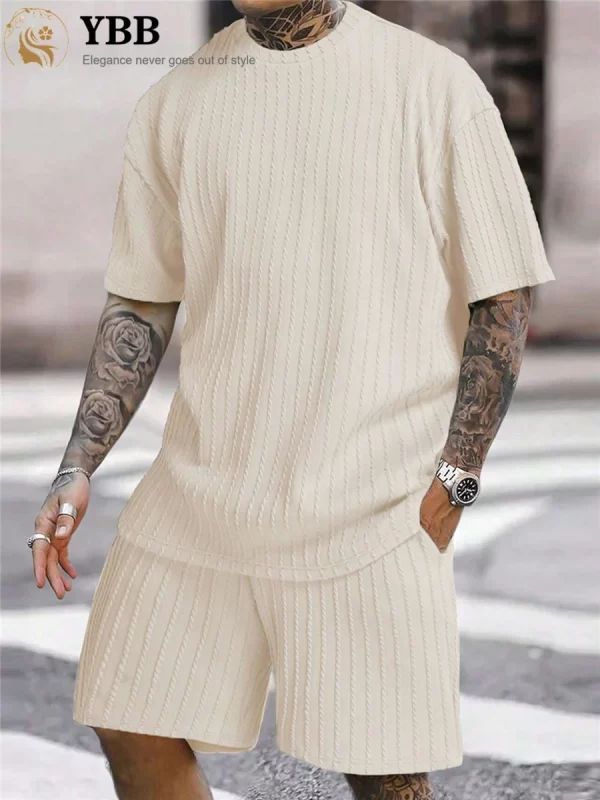 Conjunto de camiseta e shorts de manga curta masculino, listra sólida, casuais de ginástica, streetwear, nova moda, primavera, verão, 2 peças. - Image 7