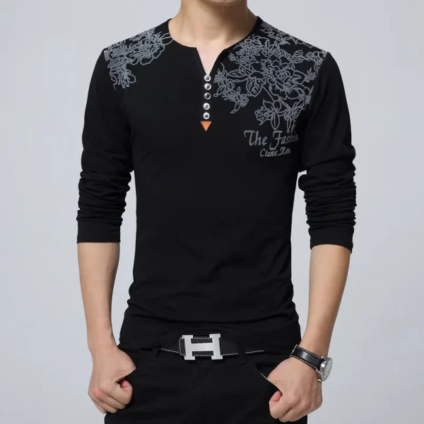 Camiseta manga longa masculina, com estampa floral, colar Henry, botão decora, tops masculinos, plus size, 5XL, moda outono. - Image 10