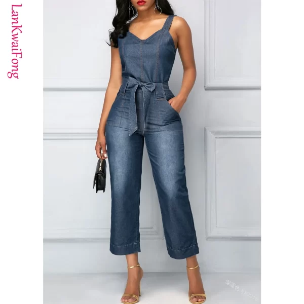 Macacão jeans feminino, slim fit, fosco, cinto branco, reto, pendulares, moda casual. - Image 4