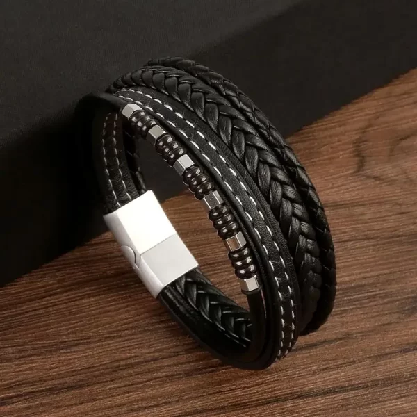 Pulseira masculina frisada de couro multicamadas, jóias clássicas, nova moda, 19 cm, 21 cm, 23cm. - Image 3