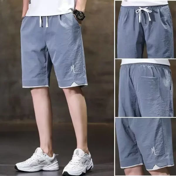 Bermuda masculina,  de bolso, de seda gelo clássico, fino, solto, cordão para cintura, moda casual, verão.