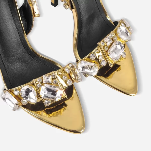 Sapato feminino salto alto, de strass pontudo, rebite dourado, sandálias finas, europeu e americano, sapatos grandes, moda verão, 11cm, novo. - Image 2