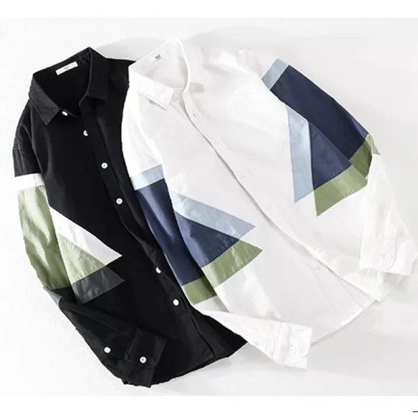 Camisa masculina, manga longa, casual solta versátil,  de emenda, cor de contraste, fina, estilo Hong Kong, tendência da moda, nova estação, primavera e outono. - Image 4
