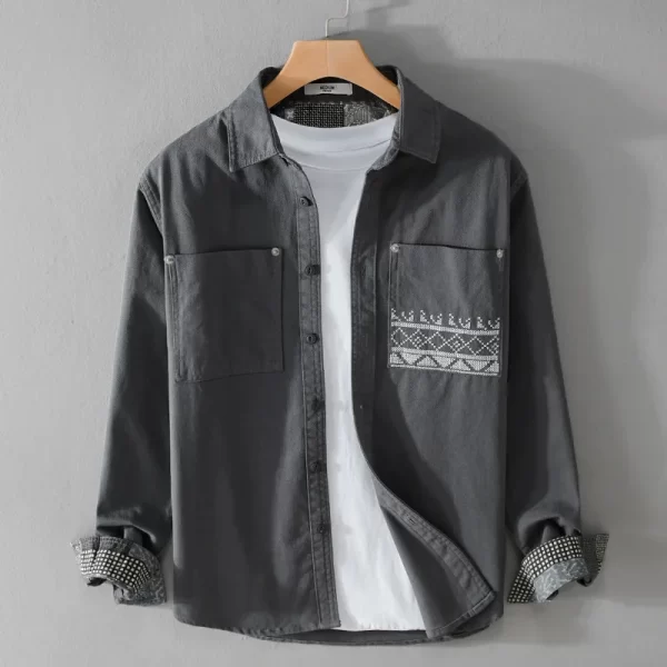 Camisa masculina, manga longa, retrô estampadas em patchwork, bolso, 100% algodão, casuais de negócios, soltas, tops novos de moda, primavera e verão. - Image 4