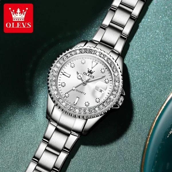 Relógio de pulso feminino, OLEVS Original Diamond Dial Quartz Watch, Moda Elegante,  De Aço Inoxidável À Prova D 'Água. - Image 5