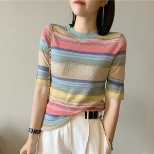 Camiseta, Pulôver de malha listrada feminino, camisola moderna, tops de crochê, em promoção, tendência, novo.
