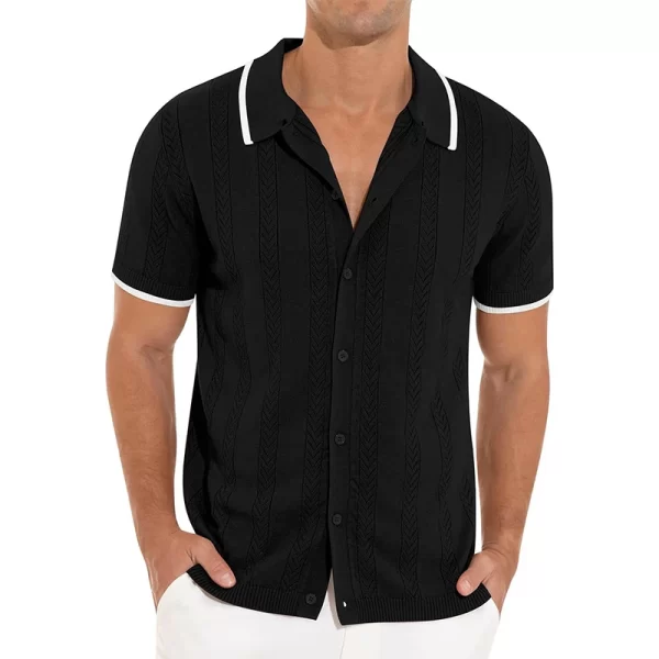 Camisa masculina, manga curta, de malha de lapela de botão, cardigans vintage retalhados, respirável, oca, casual, praia, verão. - Image 4