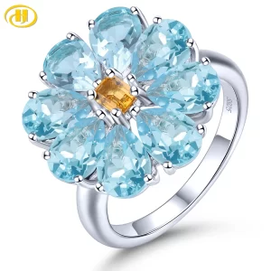 Anel de prata esterlina feminino, Topázio Azul Céu Natural Citrino, Pedra Preciosa Genuína, Joalheria Fina, Estilo Requintado e Romântico, 6,6 quilates