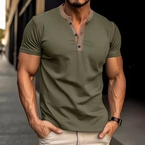 Camiseta de manga curta, masculina,  com botões com decote em v vintage, tops soltos casuais, pulôver lazer primavera verão