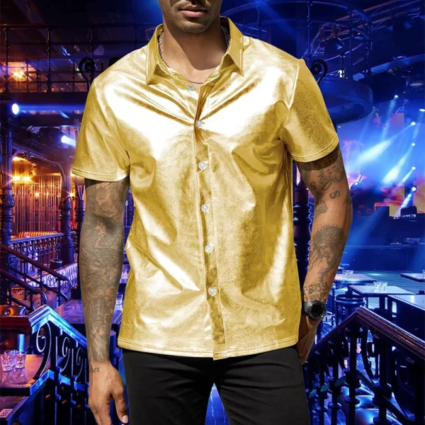 Camisa masculina, manga curta com botão e lapela brilhante, tops monocromáticos, de boate, moda festa, verão. - Image 3