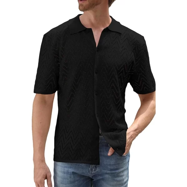 Camisa masculina, manga curta, de malha oca casual respirável, lapela abotoada, de praia, primavera, verão, cor sólida. - Image 8