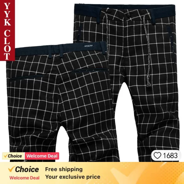 Calça xadrez masculina, casual, streetwear,  de linho, slim fit,, preto. - Image 2
