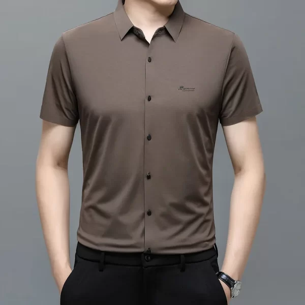 Camisa masculina, manga curta,  gola virada para baixo, tops soltos, sem engomar, sem costura, respirável, negócio, casual, high-end, moda. - Image 4
