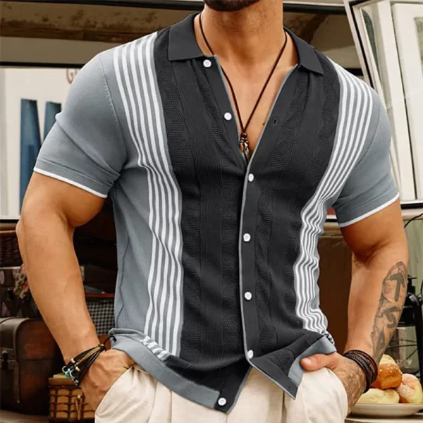 Camisa masculina, manga curta,  casual de malha fina de seda gelo, retalho listrado malha camisas, lapela abotoada vintage, moda, verão. - Image 5