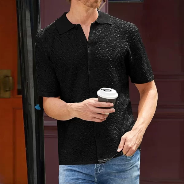 Camisa masculina, manga curta, de malha oca casual respirável, lapela abotoada, de praia, primavera, verão, cor sólida. - Image 5