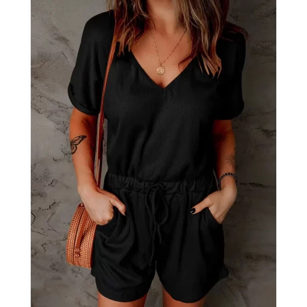 Macacão com bolsos feminino, com bolsos, decote em v, manga curta, shorts casuais, calça jogger, verão. - Image 3