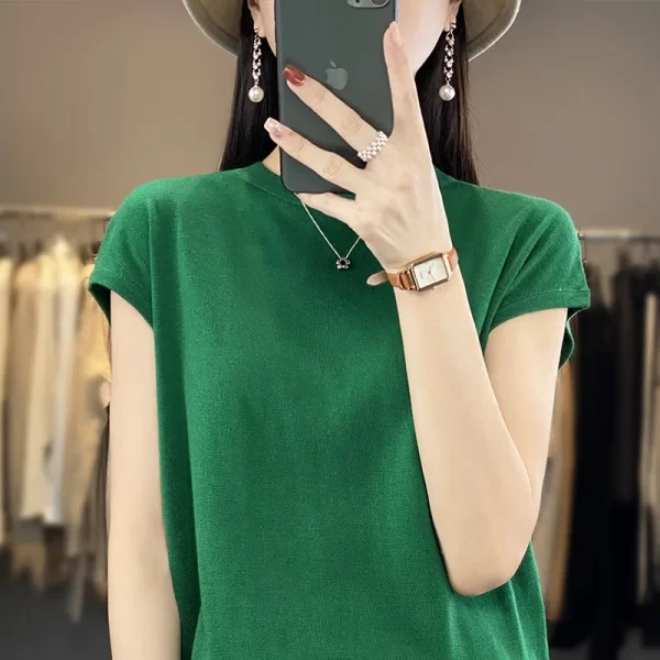 Camiseta feminina de malha de seda gelo manga curta, pulôver gola redonda, regata fina sem mangas, parte inferior casual solta - Image 9
