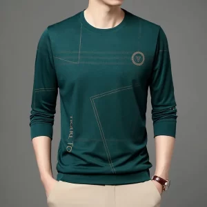 Camiseta de manga comprida com estampa vintage solta masculina, tops básicos de negócios, casual, roupas básicas de streetwear, moda primavera e outono.