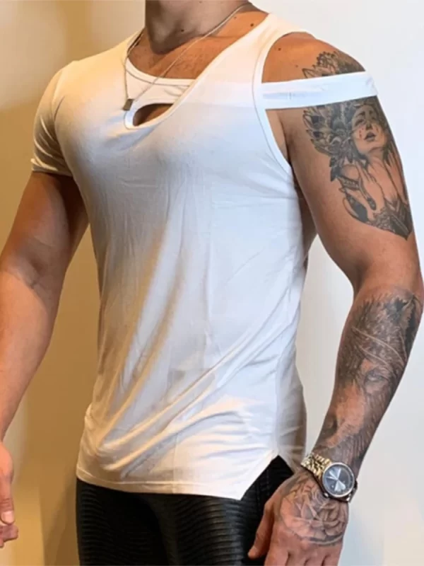 Camiseta regata masculina, pulôver sem mangas oco irregular, streetwear, camisas grandes, top sólido, moda festa, verão, nova chegada. - Image 3