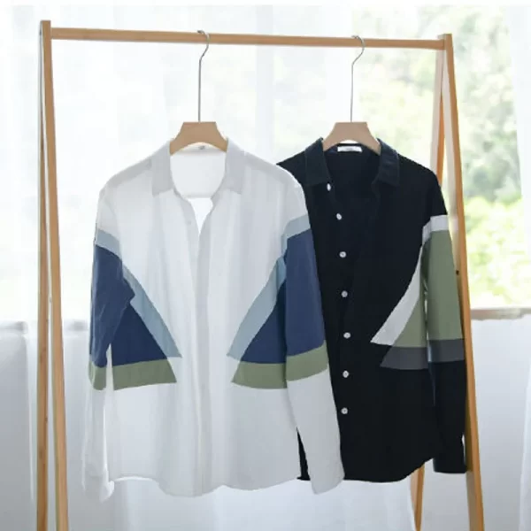 Camisa masculina, manga longa, casual solta versátil,  de emenda, cor de contraste, fina, estilo Hong Kong, tendência da moda, nova estação, primavera e outono. - Image 3