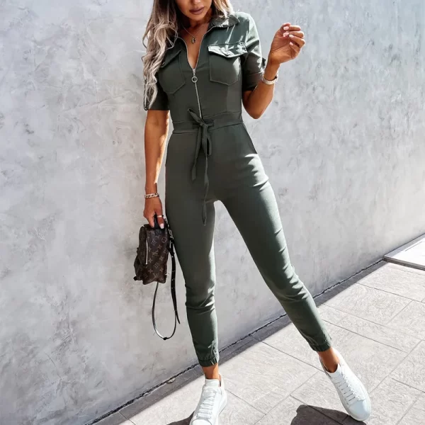 Macacão elegante feminino, verão moda casual, bolso zíper, carga calças tie-up cintura manga curta playsuits. - Image 8