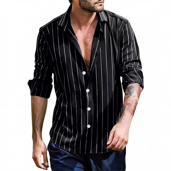Camisa masculina de lapela de manga longa listrada, streetwear monocromático, casual, primavera, outono, nova. - Image 2