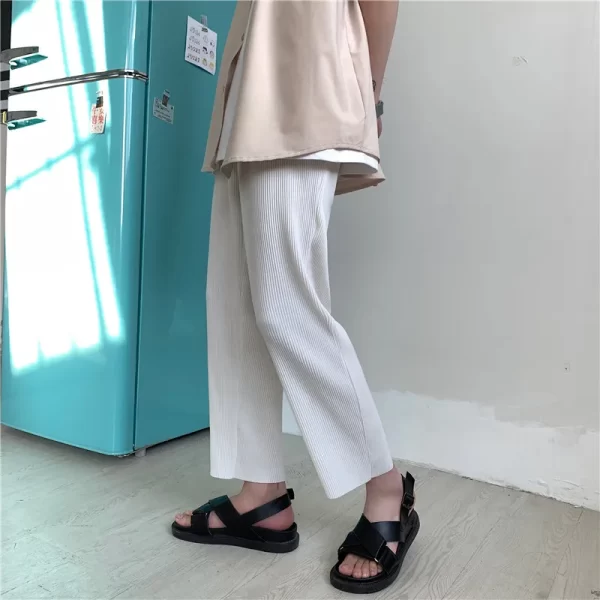 Calça casual de seda gelada masculina, streetwear, solta plissada, monocromática, moda coreana, verão. - Image 4