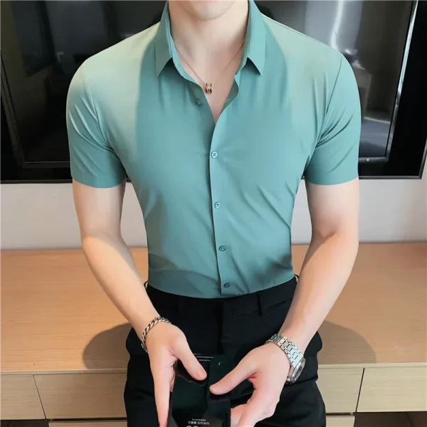 Camisa masculina, manga curta,  casual, alta elasticidade, sem costura, luxo, negócio, vestido formal, social, alta qualidade - Image 7