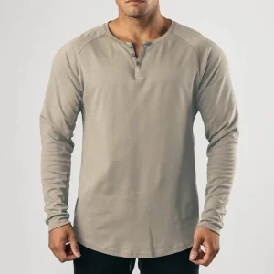 Camiseta manga longa masculina, de botão Henley casual, gola V,  de cor sólida, tops.