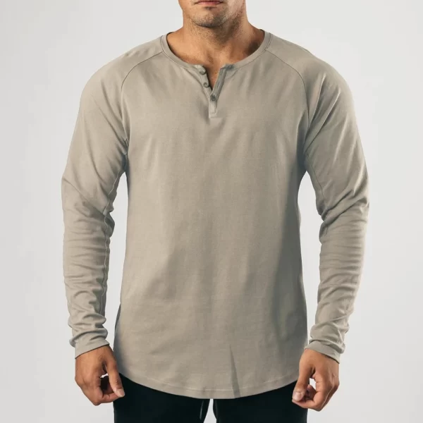 Camiseta manga longa masculina, de botão Henley casual, gola V,  de cor sólida, tops.