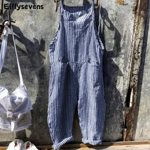 Macacão Listrado impressão Casual feminino, Perna larga Big Pocket Verão, sem mangas, Tornozelo Comprimento geral Streetwear Combinaison.