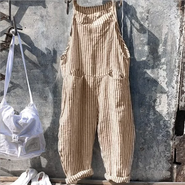 Macacão Listrado impressão Casual feminino, Perna larga Big Pocket Verão, sem mangas, Tornozelo Comprimento geral Streetwear Combinaison. - Image 4
