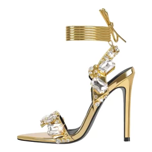 Sapato feminino salto alto, de strass pontudo, rebite dourado, sandálias finas, europeu e americano, sapatos grandes, moda verão, 11cm, novo.