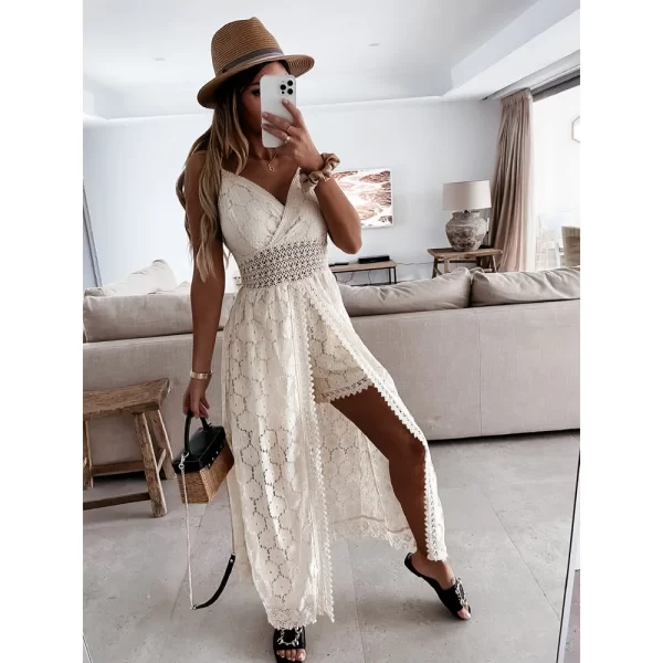 Macacão de sling sem mangas oco feminino,  de cintura alta,  branco casual, gola V, monocromático, branco, roupa de festa, verão. - Image 3
