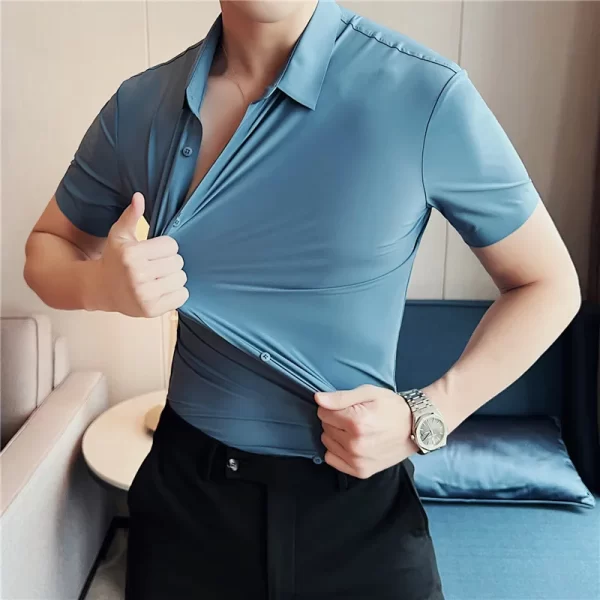Camisa masculina, manga curta,  casual, alta elasticidade, sem costura, luxo, negócio, vestido formal, social, alta qualidade - Image 3